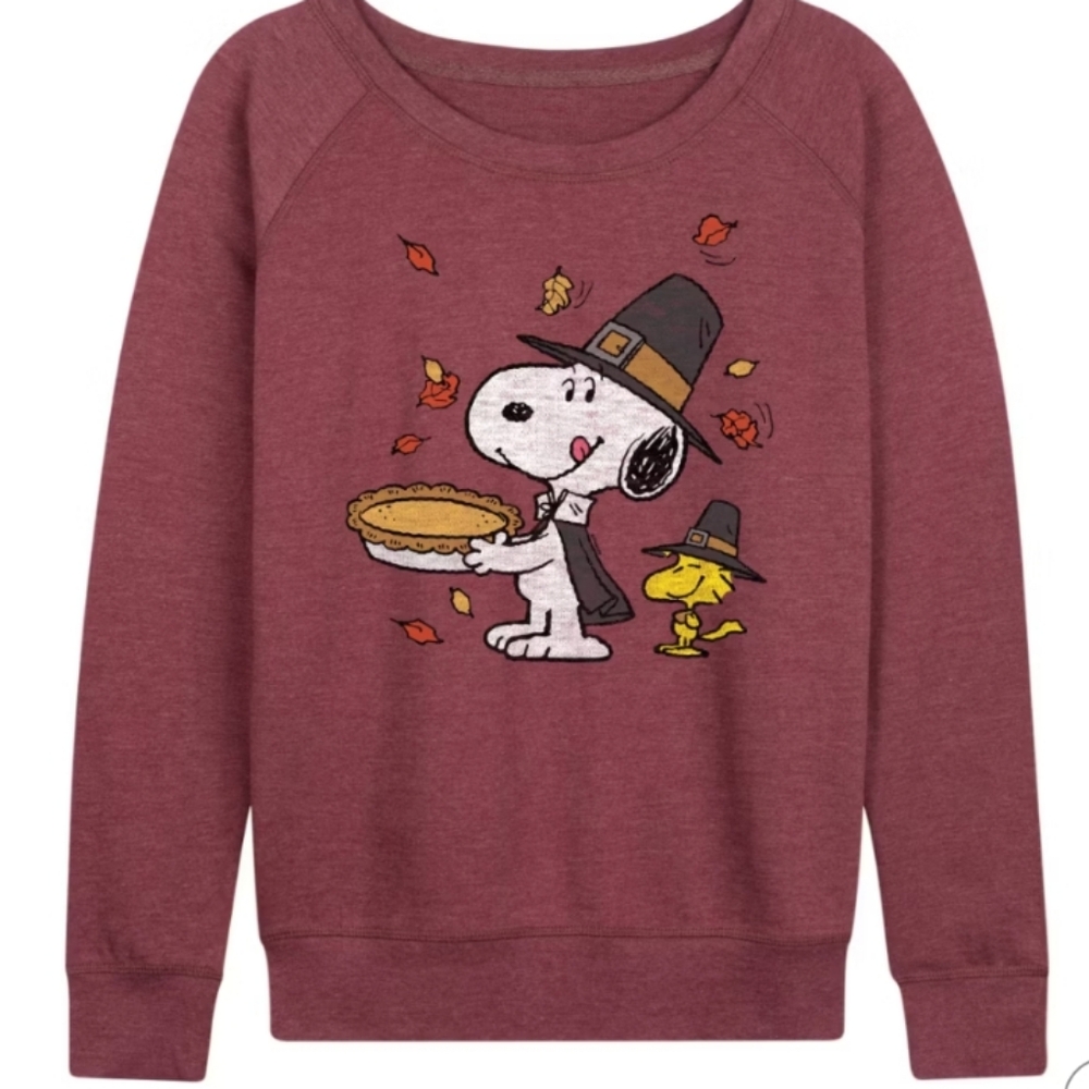 Women's Small Snoopy and Woodstock Thanksgiving Pie Lightweight Wide Neck